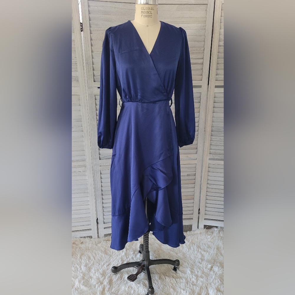 Navy blue wrap style dress ruffle draped skirt satin Small formal dress
